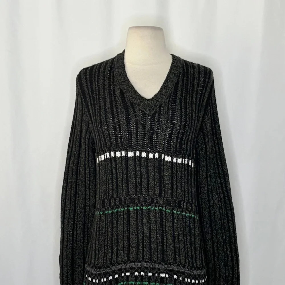 DRIES‎ VAN NOTEN Green Striped Pullover Knit Sweater V Neck Medium